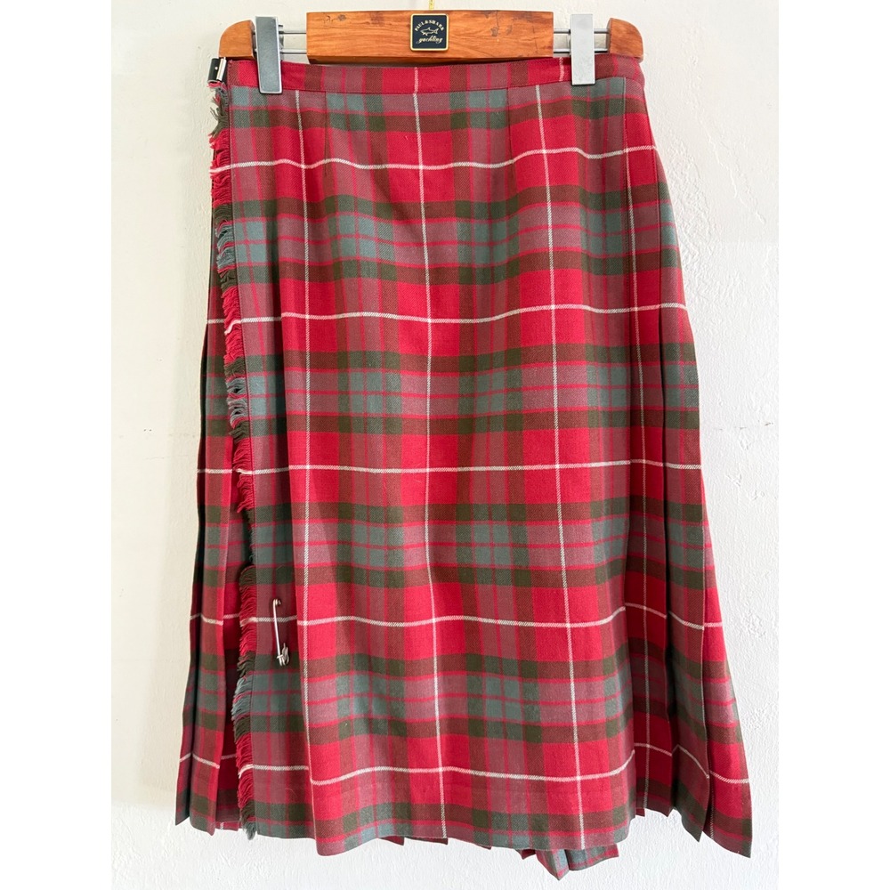 Lyle & Scott Vintage Scottish Red Tartan Plaid Wool Midi Kilt Skirt Scotland